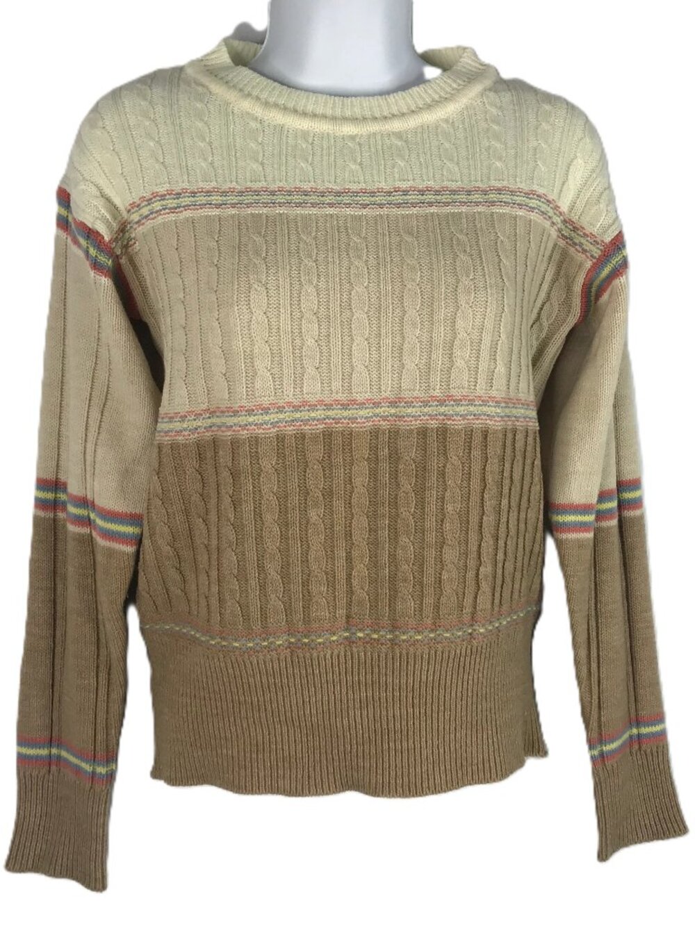 Vintage 70s Kmart Cable Knit Sweater Size S Ivory Beige Taupe Striped Colorblock